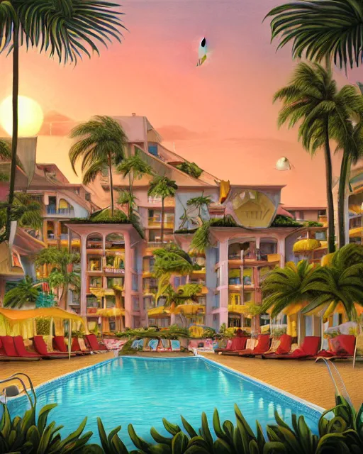 Prompt: highly detailed hotel with swimming pool, sunset, palms, hyper realistic, artstation, illustration, nicoletta ceccoli, mark ryden, lostfish, dan decarlo, bob clampett, max fleischer, digital paint, matte paint, vivid colors, detailed and intricate environment