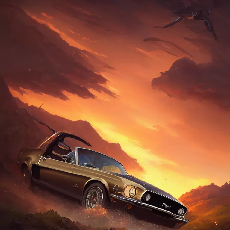 Image similar to long shot view of a 1 9 6 8 mustang driving down a country road, coriolios rpg art style, full of details, warm sunset colors, matte painting, artstation, 8 k, hyperrealistic, style of peter mohrbacher, album cover
