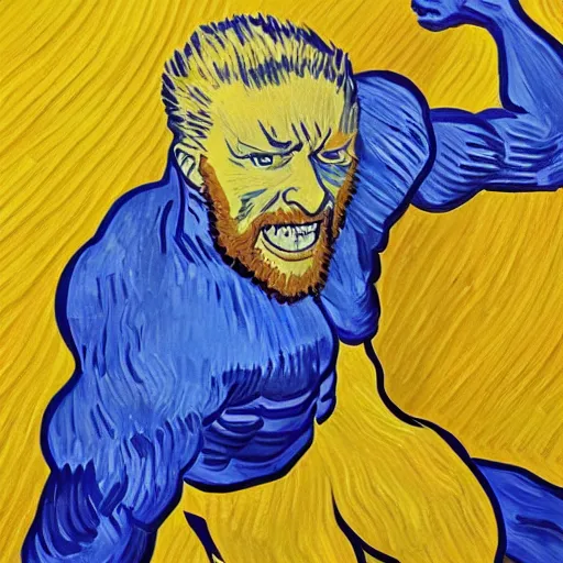 Prompt: strong hero muscles all might balding huge smile strong chin van gogh paiting style