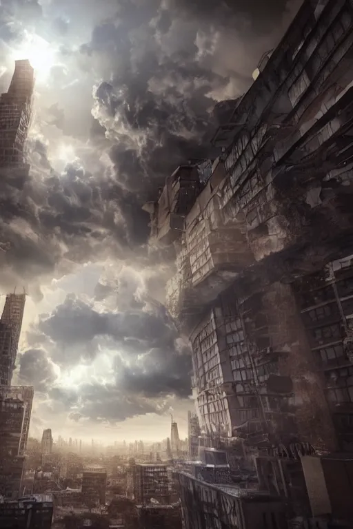 Prompt: a hole in the sky consuming an entire city, dynamic lighting, photorealistic digital art, mysterious