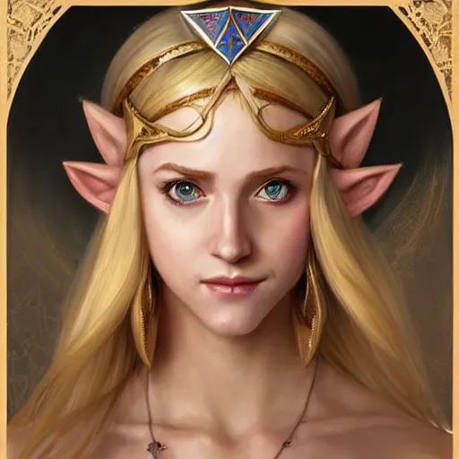 Image similar to portrait of princess zelda from hyrule, nose ring, upper body, blonde hair, long hair, joyful smirk, intricate, elegant, highly detailed, digital painting, artstation, concept art, matte, sharp focus, illustration, art by artgerm and greg rutkowski and alphonse mucha