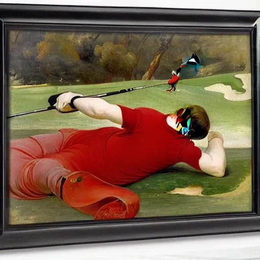 Prompt: on a golf course a hawk flies above a man who is lying on the floor with a golf club in his hand and pool of red liquid flows from his head by emile friant