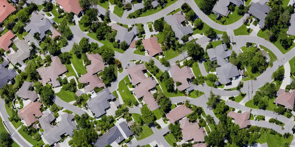 Prompt: an aerial view of a suburban neighborhood surrounded by a moat