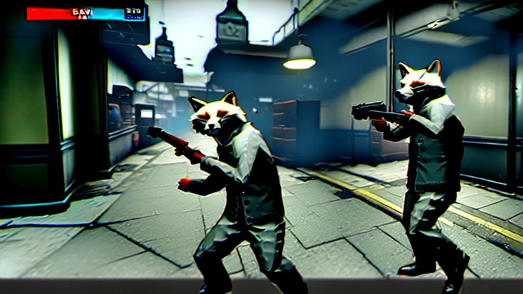 Image similar to screenshot from the pc game payday 2 demonstrating the fursuit unlock - hoxton? more like foxton.