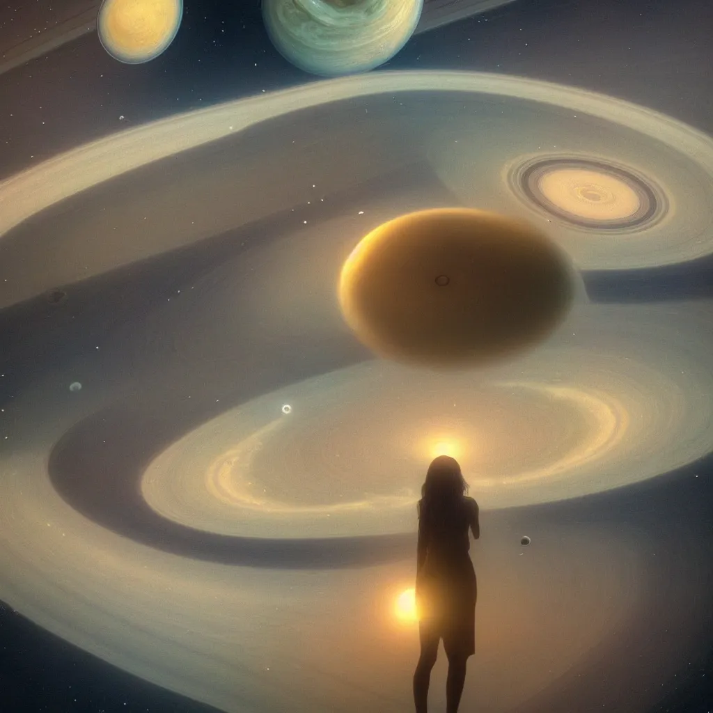 Prompt: “a woman standing in an oasis in the planet Saturn looking up at the celestial rings, glass bubbles float in the atmosphere while a vertical clock rings, highly detailed in 4K”