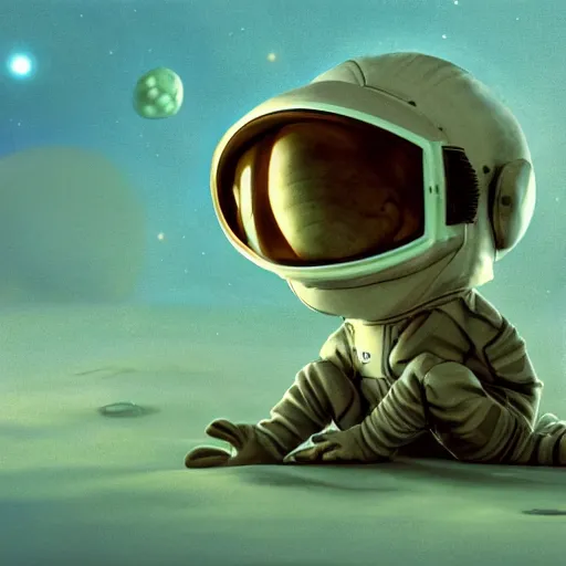 Image similar to soulful long shot of a cute baby frog astronaut wearing an astronaut suit and astronaut helmet, by esao andrews, by m. w. kaluta, ultra humorous illustration, small depth of field, perspective perception, volumetric light, psychedelic colors, 3 d octane render, 8 k, conceptart, hyperdetailed, hyperrealistic, trending on artstation