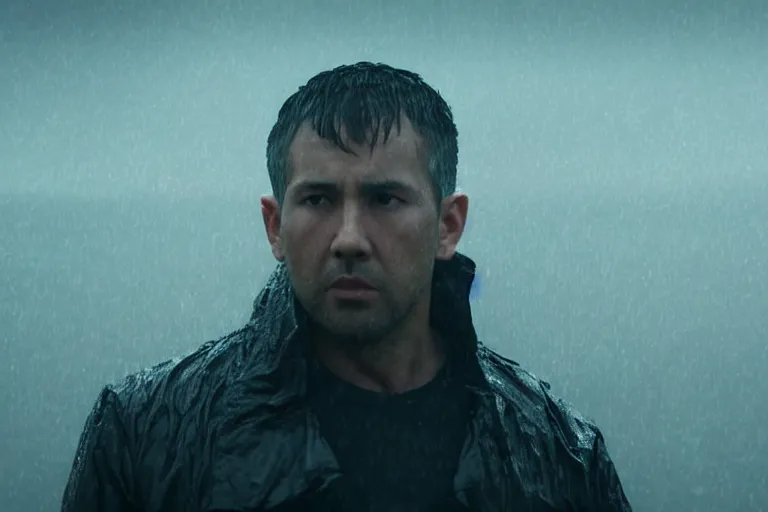 Image similar to a still from bladerunner 2 0 4 9 depicting a medium shot of akie kotabe wearing wet weather gear. he stares intently into the camera with a worried expression. behind him is a futuristic oil rig in the deep ocean. sci fi, futuristic, cinematic, low light, soft focus.