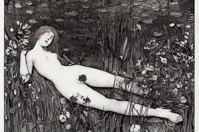 Image similar to ophelia by john everett millais, floating in the water, surrounded by water reeds and flowers, illustrated in the style of aubrey beardsley, black ink, decadent, intricate line art