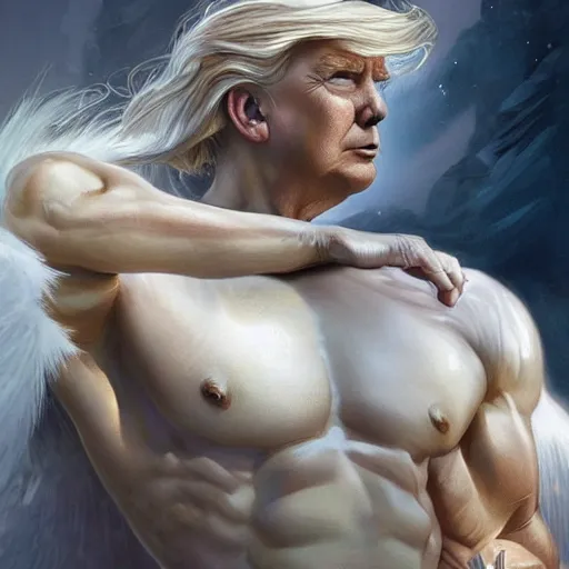 Prompt: donald trump as a heavenly god, upper body, muscular, fantasy, intricate, elegant, highly detailed, digital painting, artstation, concept art, smooth, sharp focus, illustration, art by artgerm and greg rutkowski and alphonse mucha