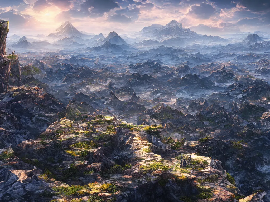 Prompt: epic view from a mountaintop, monumental mountains, digital painting, realistic render, 4k, 8k, photography, unreal engine, wallpaper, cinematic