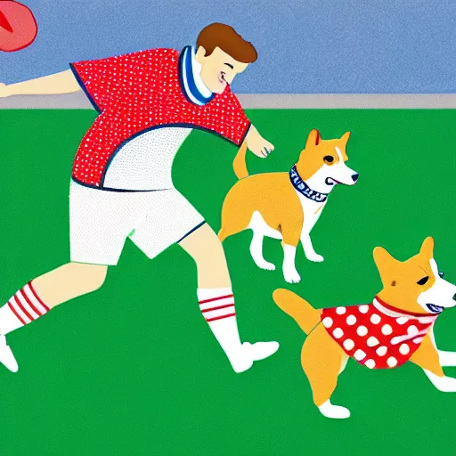 Image similar to illustration of french boy in paris playing football against a corgi who is wearing a polka dot scarf