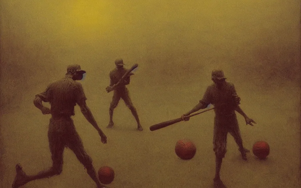 Image similar to painting of a man playing baseball with eldritch beings, by Zdzislaw Beksinski, gothic, amazing details, cold hue's, warm tone gradient background