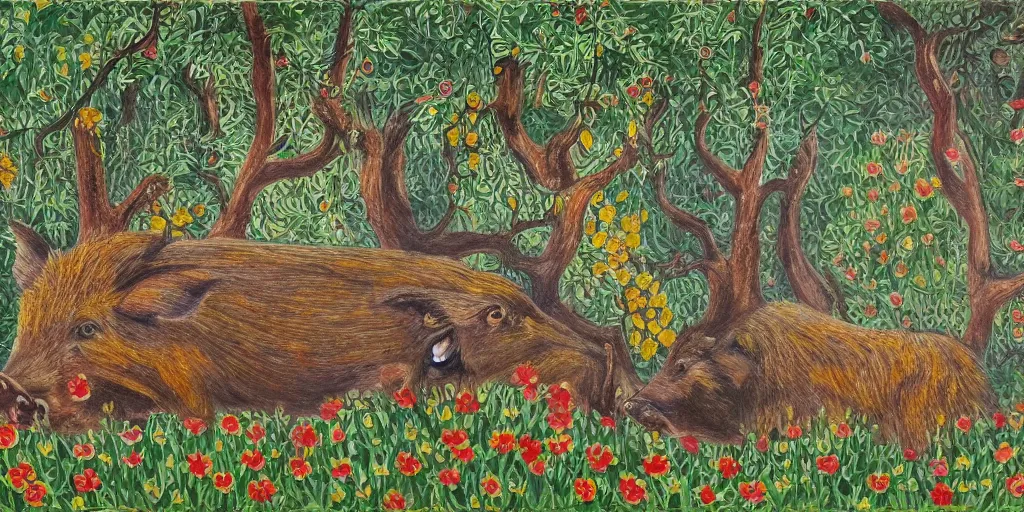 Prompt: Painting of a wild boar in the forest in style of Louis Wain