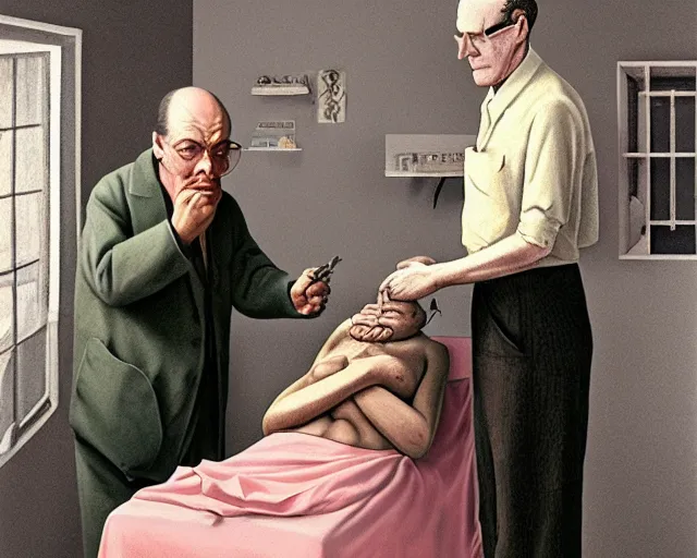 Image similar to the famous snake oil salesman Uncle Aloysius curing a patient of the pink wojacity, painting by Grant Wood, 3D rendering by Beeple, sketch by R. Crumb