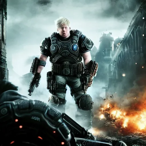 Image similar to Boris Johnson in 'Gears of War', splash art, movie still, cinematic lighting, detailed face, dramatic, octane render, long lens, shallow depth of field, bokeh, anamorphic lens flare, 8k, hyper detailed, 35mm film grain