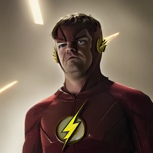 Image similar to film still of jack black playing the flash by zach snyder, epic lighting storm speed force