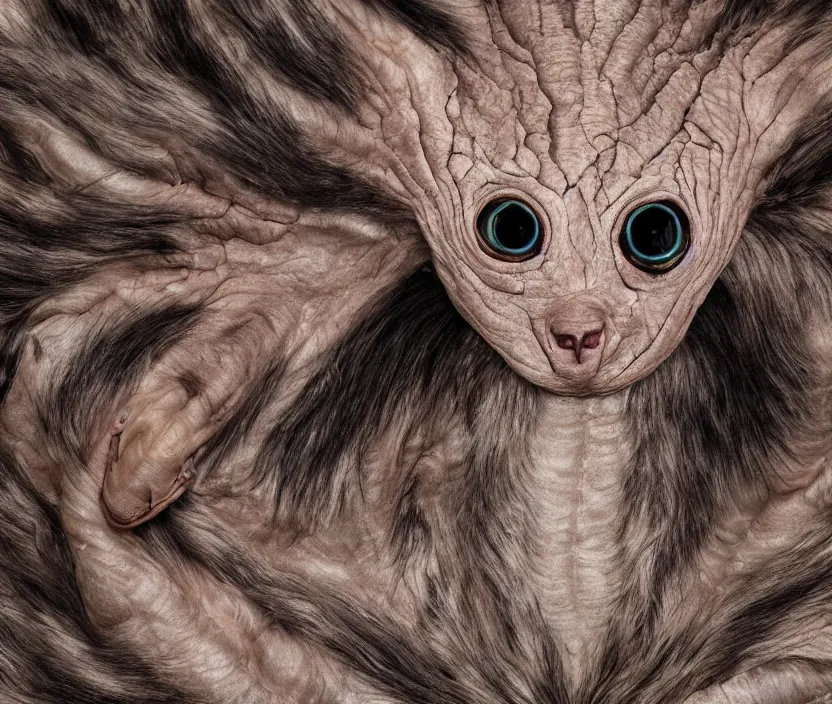 Prompt: a high resolution photo of a complex creature, grown together various animal eyes, hairless veins wrinkles morphing nature documentary, cracked plastic wrap, gills morph scales merged in fur skin, wrinkled muscles skin, veins merged feet head, displacement, black hole, distorted animal head face eyes arms tail