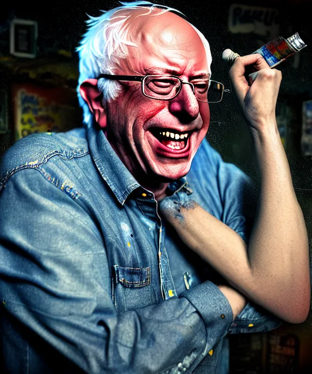 Image similar to hyperrealistic mixed media painting of Bernie Sanders as a laughing drunk, tattered plaid shirt, dimly lit dive bar, stunning 3d render inspired art by P. Craig Russell and Barry Windsor-Smith + perfect facial symmetry + dim volumetric lighting, 8k octane beautifully detailed render, post-processing, extremely hyperdetailed, intricate, epic composition, grim yet sparkling atmosphere, cinematic lighting + masterpiece, trending on artstation, very very detailed, masterpiece, stunning