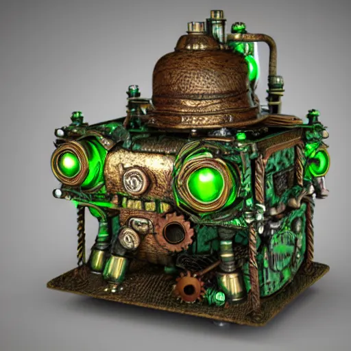Image similar to steampunk device covered by ornamental green mold and mushrooms, fractal, manderblot, detailed, hyperrealistic, raytrace,