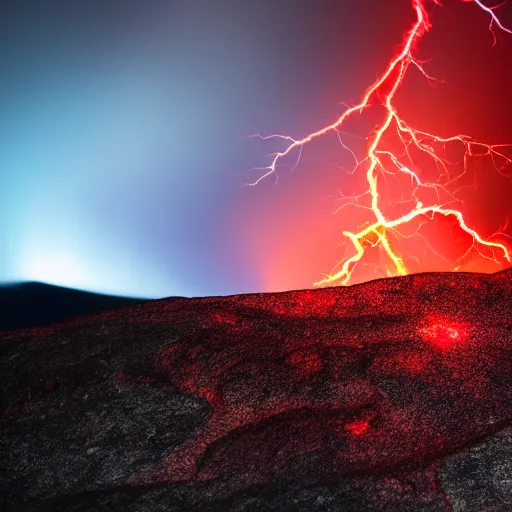 Prompt: lava lightning reflecting off the lens of a high-resolution camera, 8k resolution, Canon EOS C300