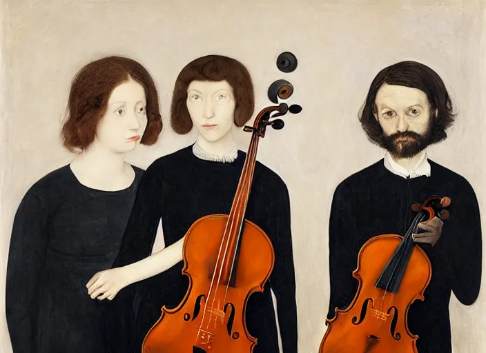 Prompt: portrait of two young nervous violin players getting ready to perform, half figure front, vincent lefevre and pat steir and hilma af klint and james jean, psychological, photorealistic, symmetrical faces, intriguing eyes, rendered in octane, altermodern, masterpiece