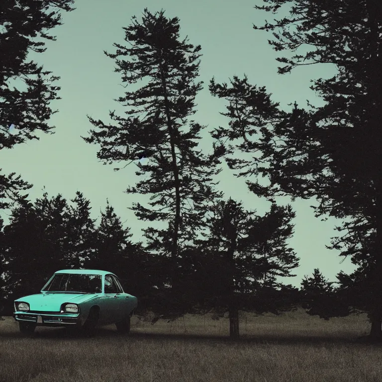 Image similar to 1 9 7 0 s car parked by the pine tree, silhouettes in field behind, film photo, soft lighting album cover, nostalgia, turquoise gradient