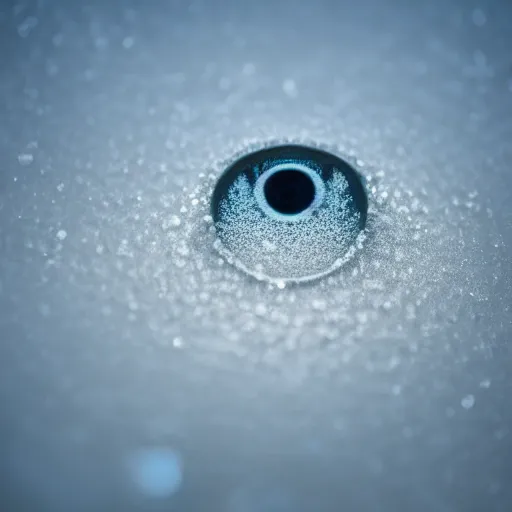 Image similar to a transparent sheet of intact frosted ice, with a refracted eye behind it, XF IQ4, f/1.4, ISO 200, 1/160s, 8K, RAW, unedited, symmetrical balance, in-frame