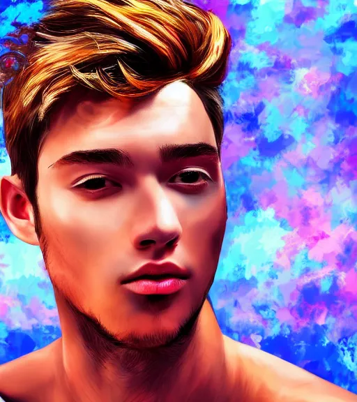 Image similar to a vivid, hyper realistic, digital art of the most handsome young man in the world, seductive, beautiful, perfect.