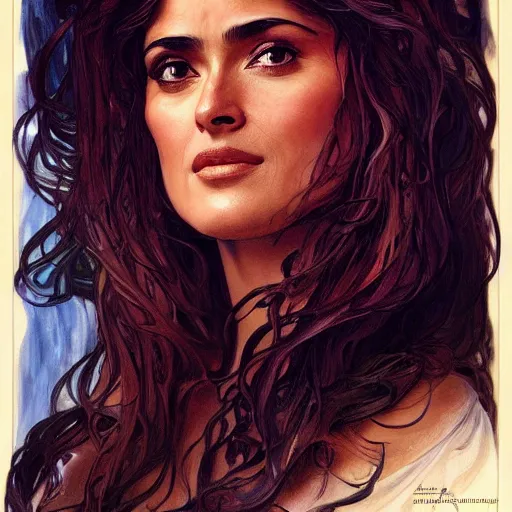 Prompt: salma hayek head and shoulders portrait by alfons mucha, playful, fantasy, medieval, beautiful face, perfect detailed eyes, vivid colrs, elegant, concept art, sharp focus, digital art, hyper - realistic, 4 k, unreal engine, highly detailed, hd, dramatic lighting by brom, trending on artstation
