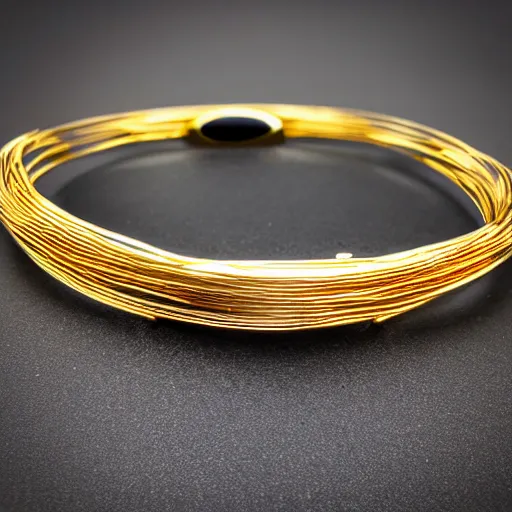 Prompt: arcaic Primitive Gold Bangle, 14K Gold Wire, Single Center sinister diamond saphire, Shungite Bangle, Mineral and Gold Jewelry, Product Photography