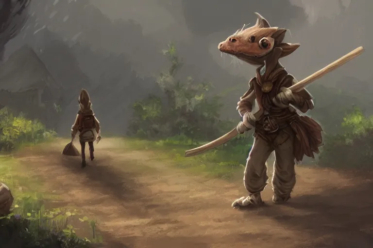 Image similar to a lone brownish whiteish kobold traveling the long dirt road carrying a bindle stick, d & d, fantasy setting, character concept art, 4 k, digital art