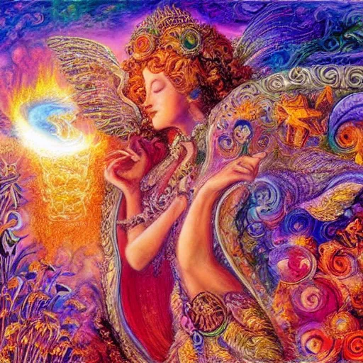 Prompt: goddess by josephine wall, checking her phone, sitting on flying golden ram, erupting volcano in distance, flowers in foreground, sunset, stars in sky, fantasy