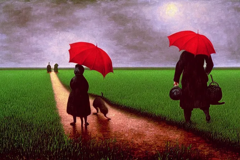 Image similar to a family of rats scurrying across a drenched field in a torrential rainstorm, in the style of rene magritte, intricate and epic composition, red by caravaggio, insanely quality, highly detailed, masterpiece, purple light, artstation, 4 k