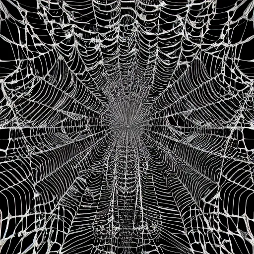 Image similar to spiderweb abomination, scary, mostly black and white, mandelbulb fractal, expansive, huge, lots of detail, highly detailed, 8 k