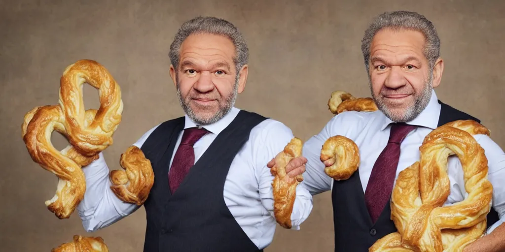 Prompt: alan sugar as a baker, arms, arms, with really long arms holding some pastry pets. long arms. stretched limbs. pastry sheep, snake, pastry lizard
