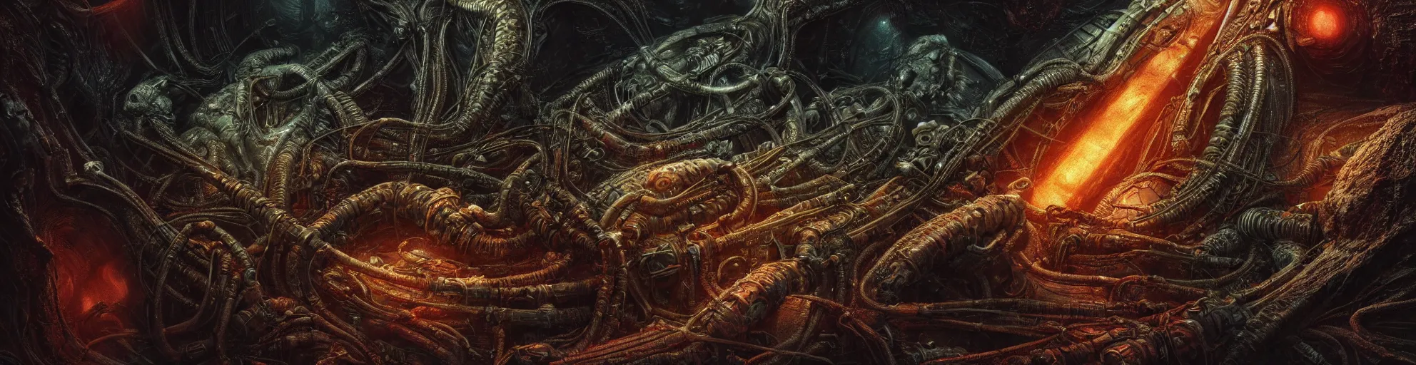 Image similar to Prometheus hibernation capsule biological sci-fi environment set close-up, hibernation capsule close-up, in a nightmarish universe of odd forms and somber tapestry, HR Giger and Vincent Di Fate, vivid color scheme, featured in artstation, octane render, cinematic, elegant, intricate, 8k