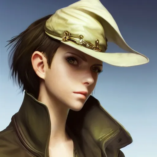 Prompt: a head and shoulders portrait of a girl with green eyes and short black hair in a tan trenchcoat, from Final Fantasy XIII, retro, smooth, sharp focus, intricate, artstation, detailed concept art by Rutkowski and Mucha and sky sewa and Marc Simonetti