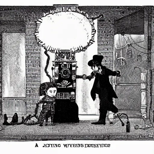 Image similar to a macabre victorian illustration by edward gorey of steampunk ghostbusters chasing ghosts and shooting at ghosts with ray - guns, in buildings or in the streets.