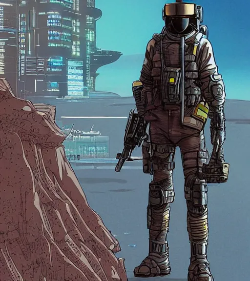 Image similar to a cyberpunk soldier with tactical gear and a rifle patrols a Japanese city on mars, Industrial Scifi, detailed illustration, character portrait, by Martin Grip and Moebius