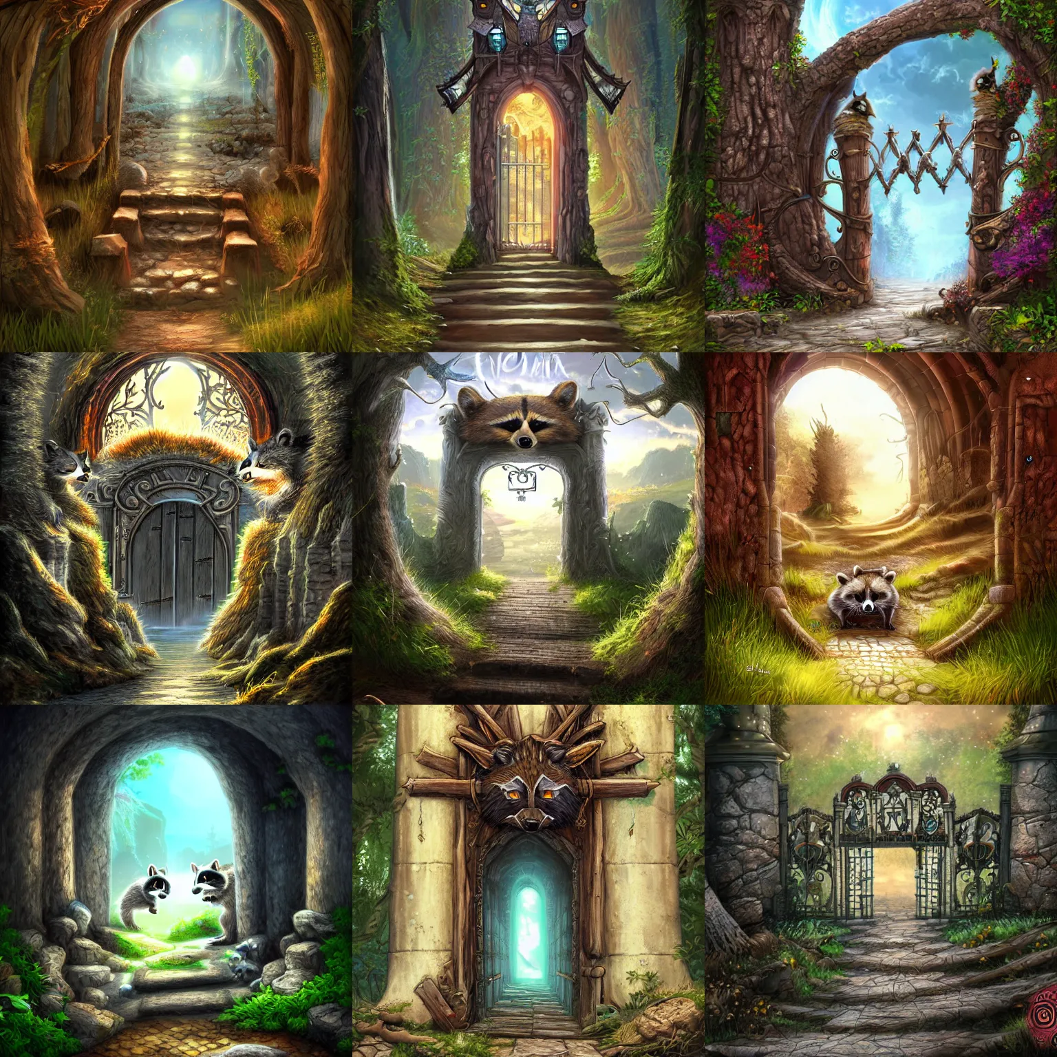 Prompt: The gate to the eternal kingdom of raccoons, fantasy, digital art, HD, detailed.