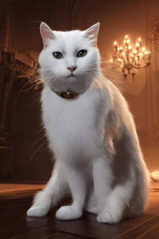 Image similar to a white cat wearing a formal overcoat, hyperrealistic, concept art, octane render, unreal engine 5, trending on DeviantArt, highly detailed, high quality, 8K, soft lighting, cute, studio background, studio lighting, realistic face, trending on Artstation, elegant clothes, profile picture