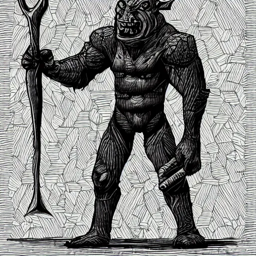 Image similar to illustration of a orc in a maze wielding an axe, full body view, line art, illustrated, simple colors, detailed textures