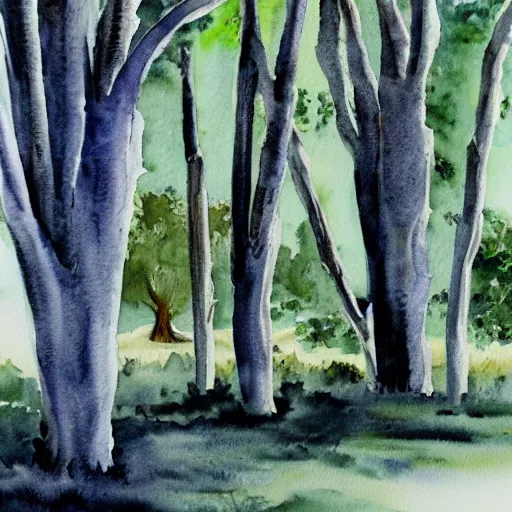 Image similar to spooky willow tree grove, watercolor