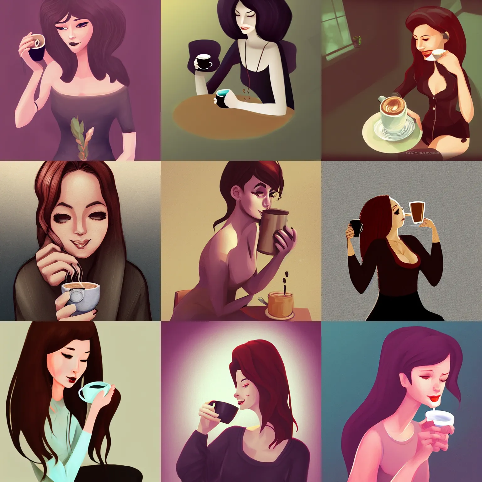 Prompt: Woman drinking coffee, by Lois Van Baarle