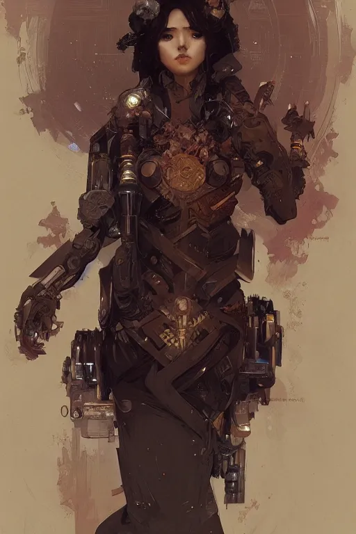 Image similar to A full portrait of a powerful beautiful futuristic dystopian junktown Japanese techromancer sorcerer enchanter, intricate, elegant, highly detailed, digital painting, artstation, concept art, smooth, sharp focus, illustration, art by Krenz Cushart and Artem Demura and alphonse mucha