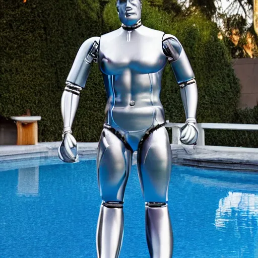 Prompt: a realistic detailed photo of a guy who is an attractive humanoid who is half robot and half humanoid, who is a male android, wrestler jack swagger, shiny skin, posing like a statue, blank stare, by the pool, on display, showing off his muscles, humanoid robot, frozen ice statue