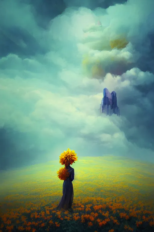 Image similar to closeup girl with huge yellow dahlia flower face, intricate, standing on mountain, surreal photography, blue storm clouds, dramatic light, impressionist painting, digital painting, artstation, simon stalenhag