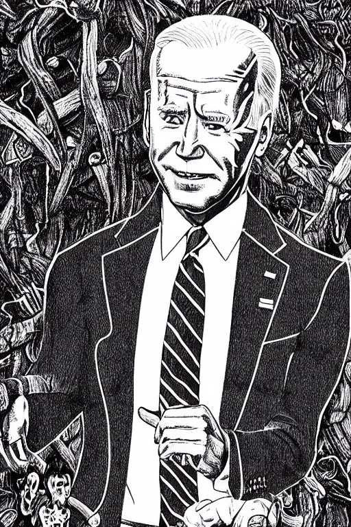 Image similar to Joe Biden full body portrait, body horror, black and white Illustration by Junji Ito