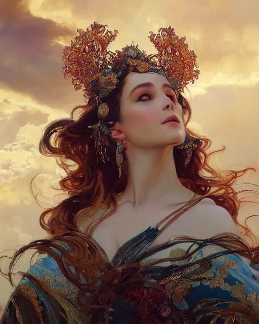 Image similar to a beautiful close up portrait of a sorceress floating on air with elegant looks, flowing robe, ornate and flowing, intricate and soft by ruan jia, tom bagshaw, alphonse mucha, krenz cushart, beautiful roman architectural ruins in the background, epic sky, vray render, artstation, deviantart, pinterest, 5 0 0 px models