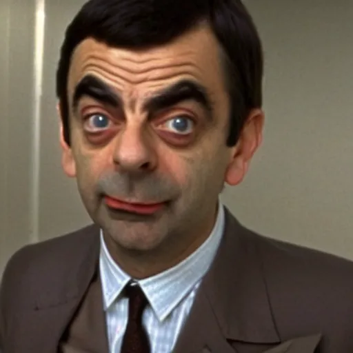 Prompt: Movie scene of Mr. Bean, played by Rowan Atkinson, escaping the scene of a crime